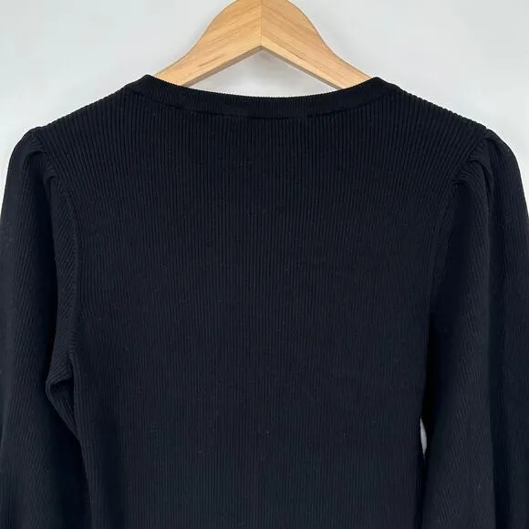MILLY Ribbed Balloon Sleeve Sweater Crew Neck Long Sleeve Rib Knit, Black