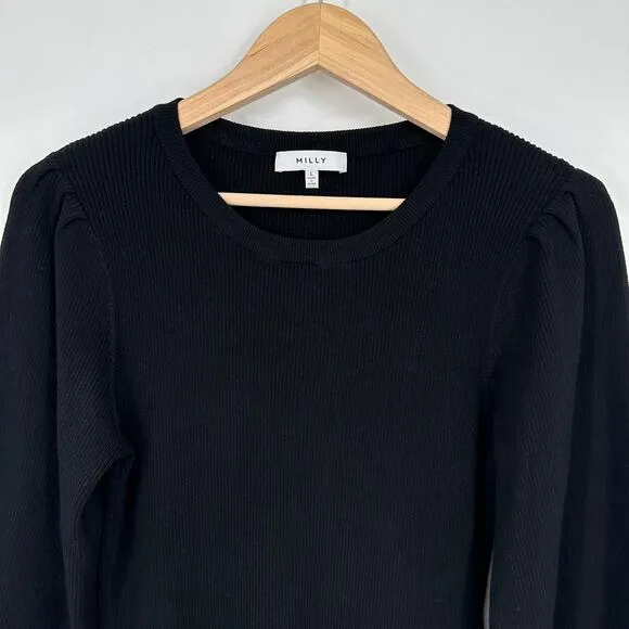 MILLY Ribbed Balloon Sleeve Sweater Crew Neck Long Sleeve Rib Knit, Black