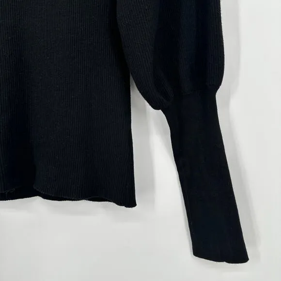 MILLY Ribbed Balloon Sleeve Sweater Crew Neck Long Sleeve Rib Knit, Black