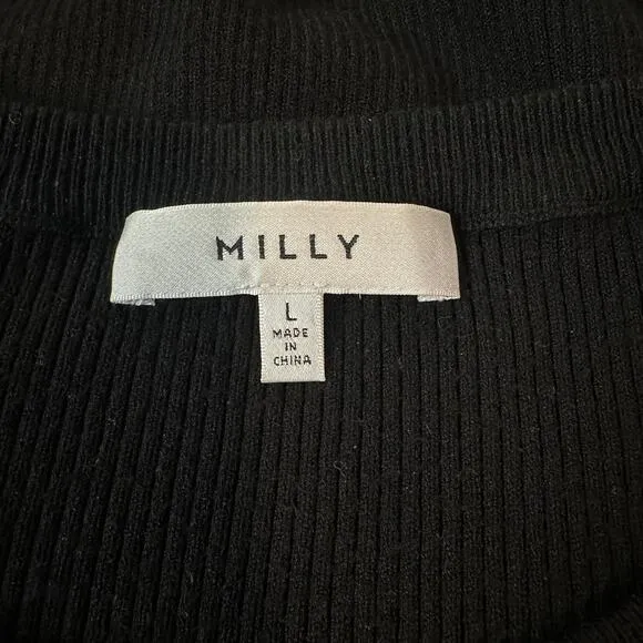 MILLY Ribbed Balloon Sleeve Sweater Crew Neck Long Sleeve Rib Knit, Black