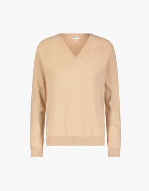 Minnie Rose Cotton Cashmere Frayed Edge V Sweater in Brown Sugar
