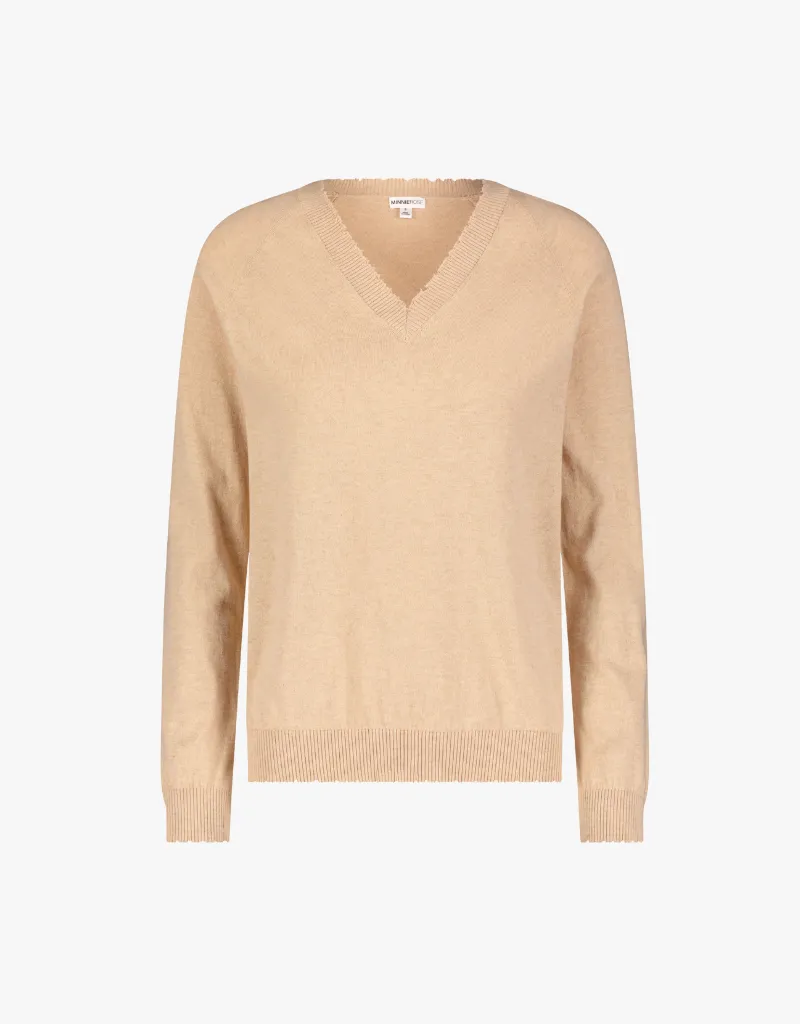 Minnie Rose Cotton Cashmere Frayed Edge V Sweater in Brown Sugar