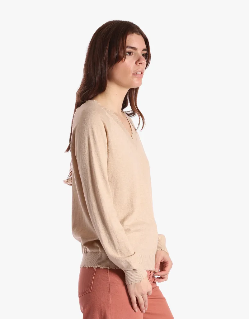 Minnie Rose Cotton Cashmere Frayed Edge V Sweater in Brown Sugar