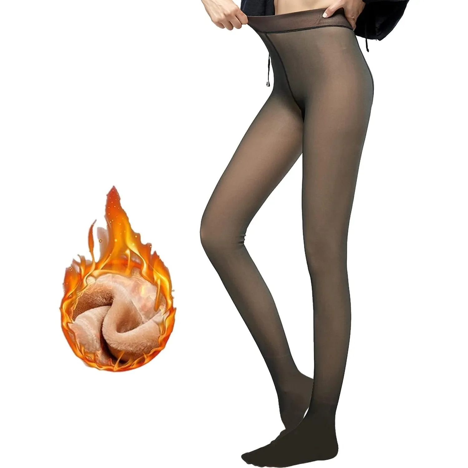 Mitid Women's Fleece Lined Thermal Pantyhose Translucent Opaque High Waisted Warm Sheer Tight, Thick - 200g, One Size, Black
