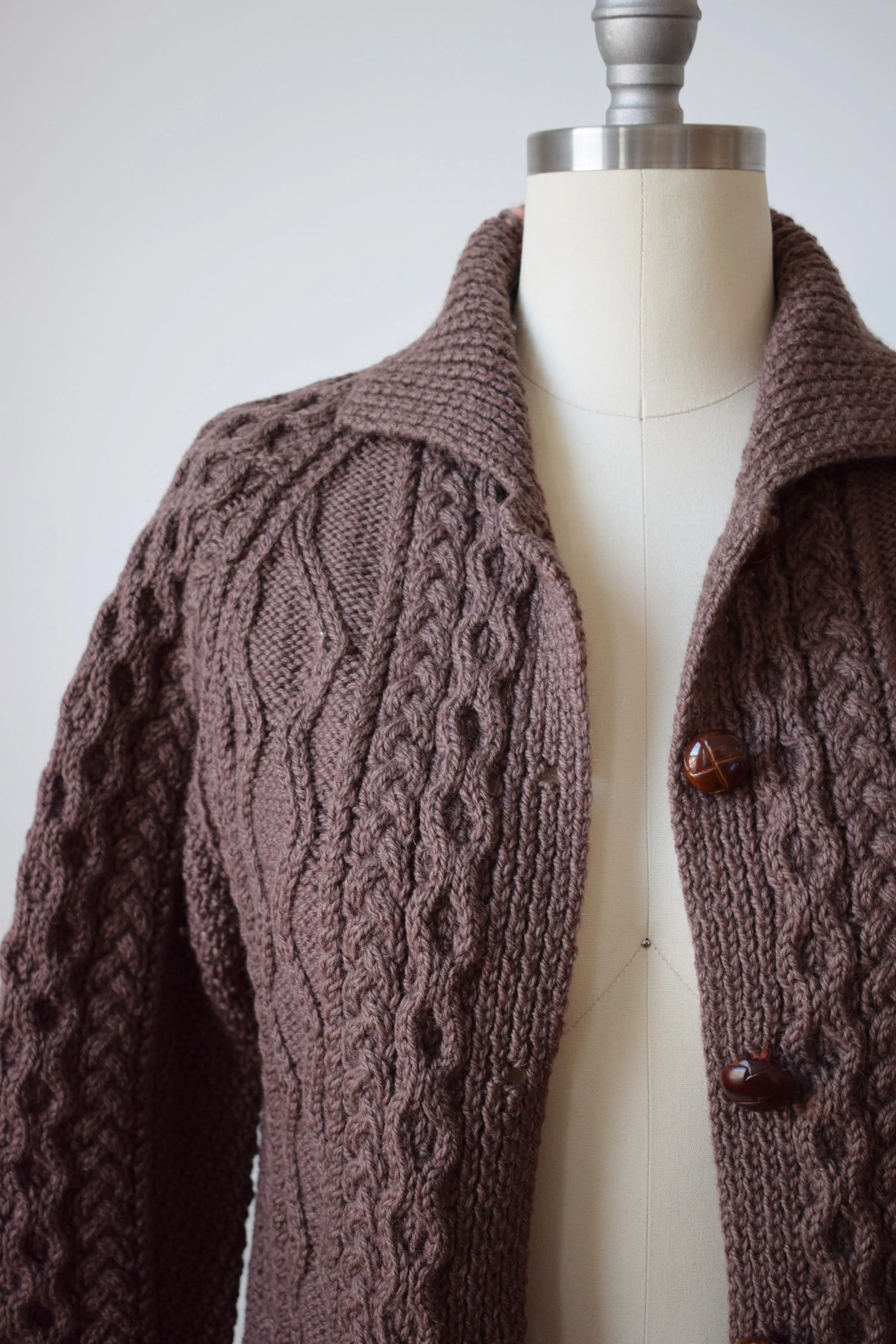 Mocha Brown Wool Cable Knit Cardigan | M