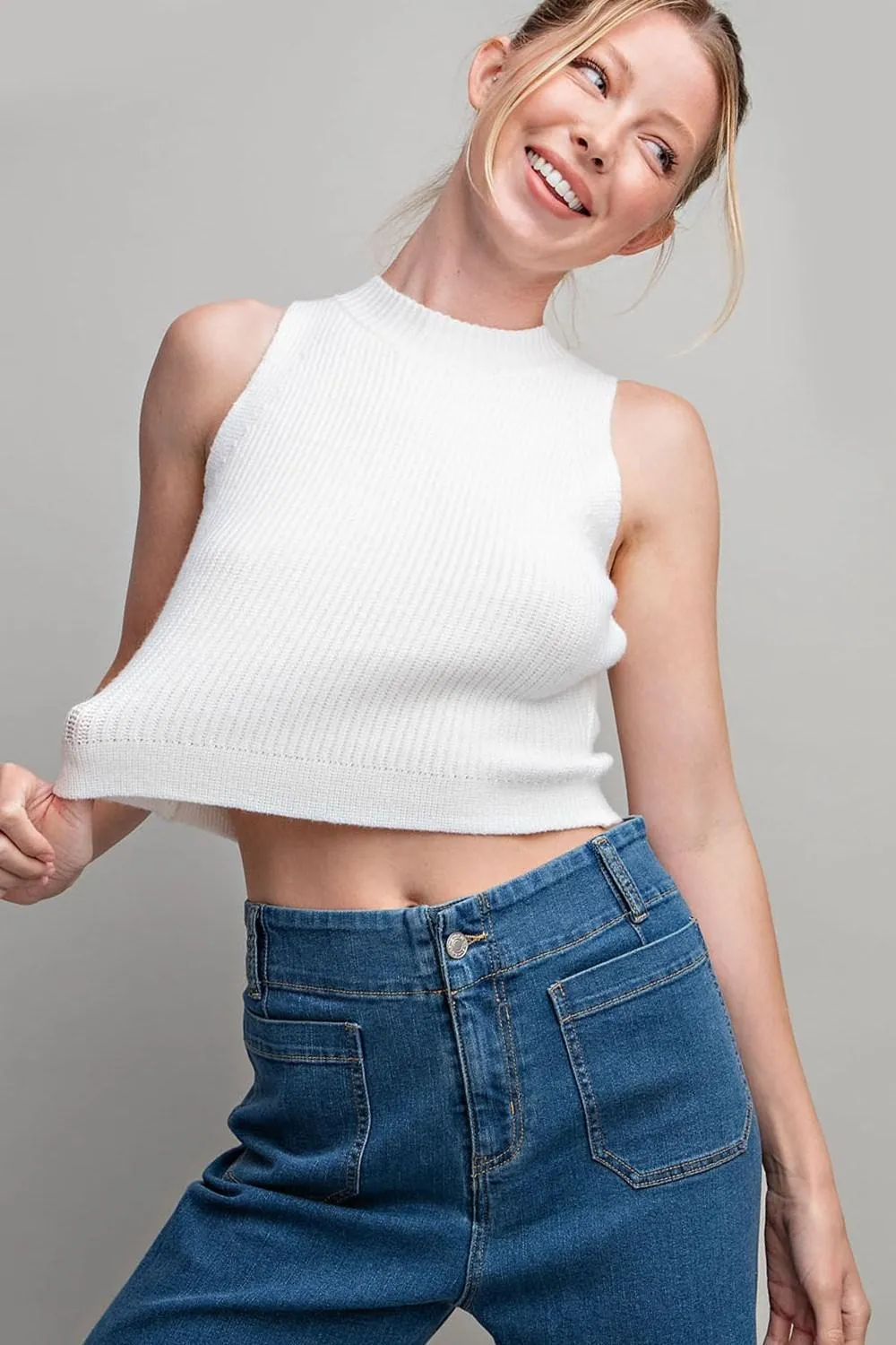 Mock Neck Cropped Sweater Top - White