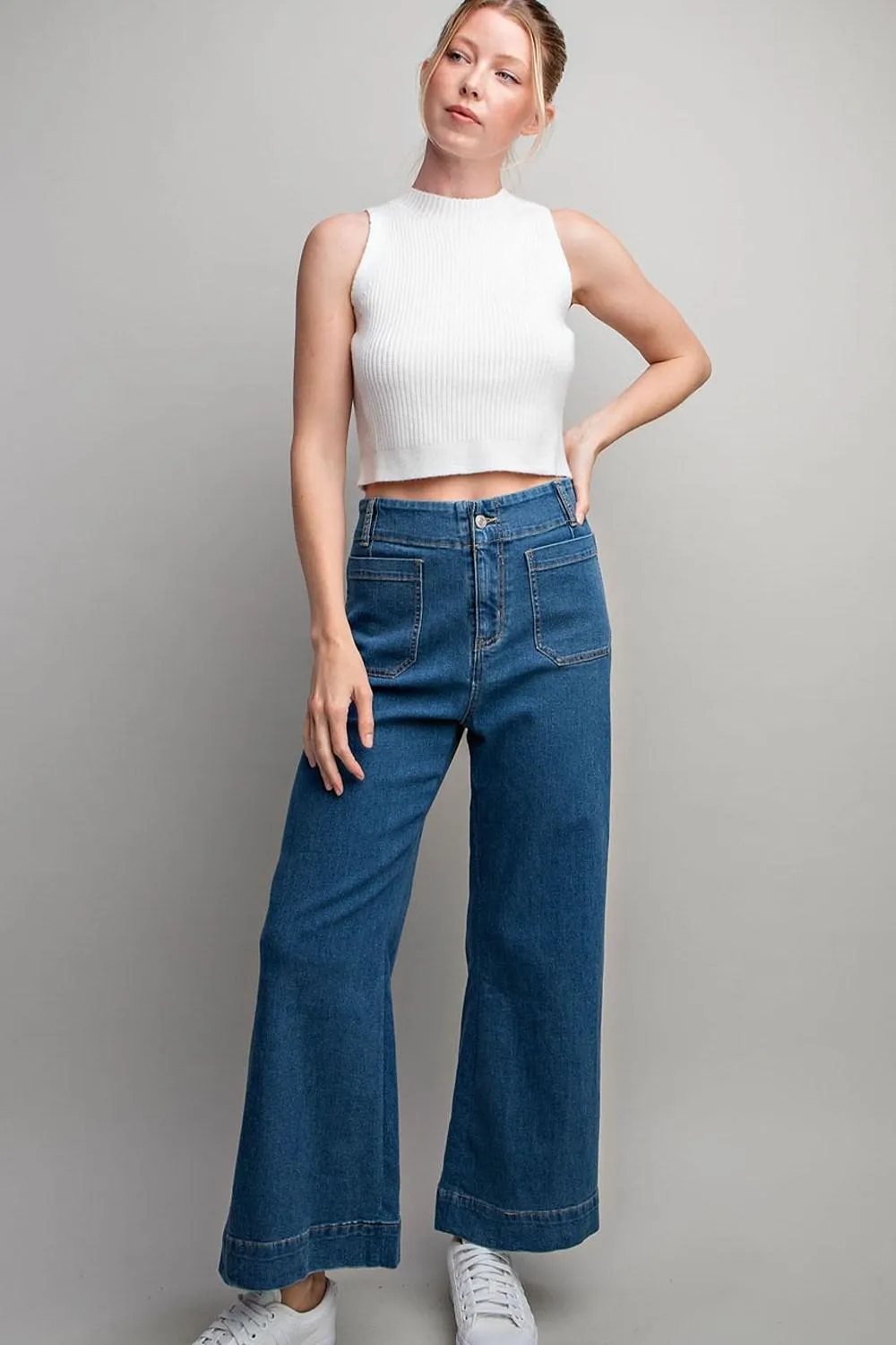 Mock Neck Cropped Sweater Top - White