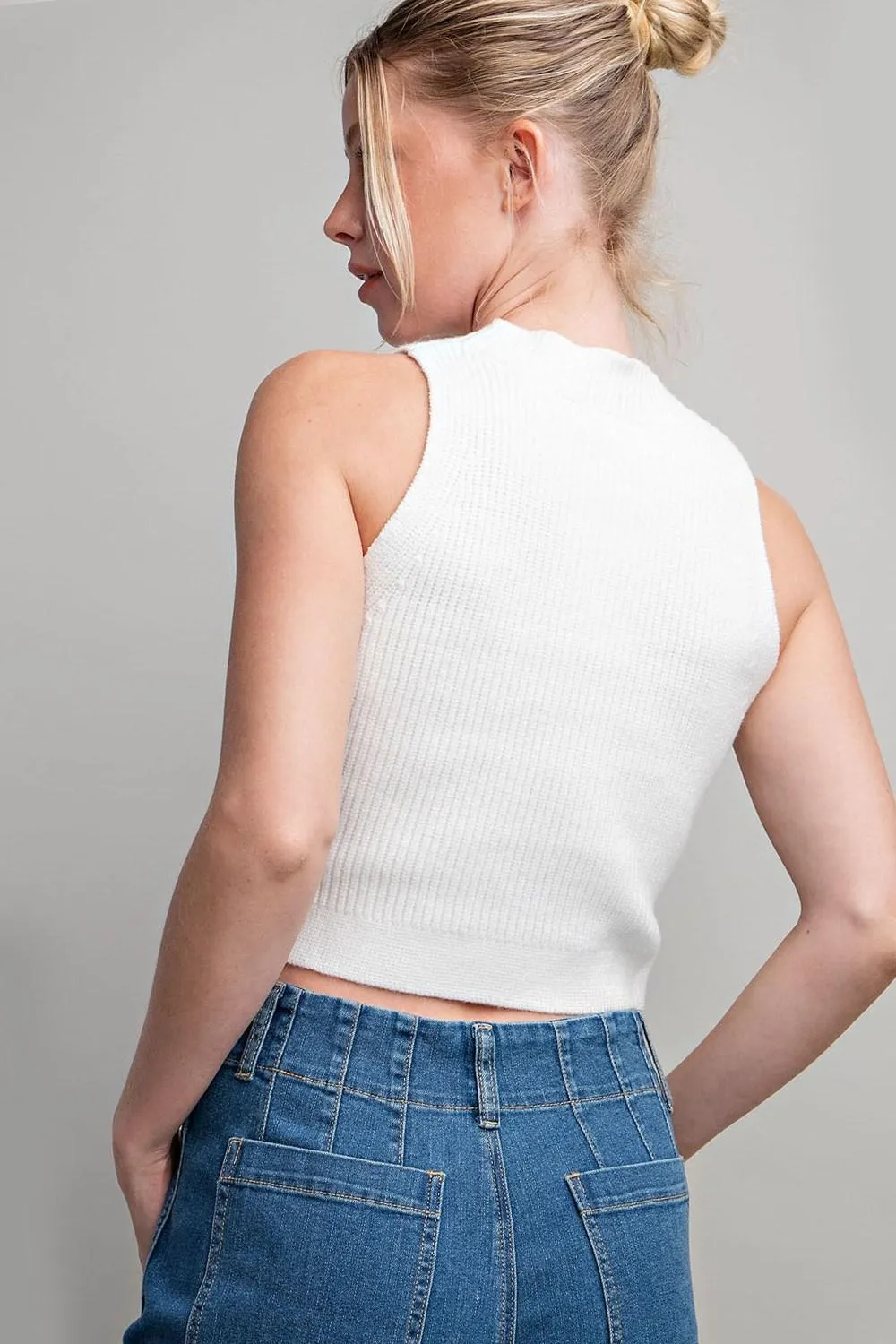 Mock Neck Cropped Sweater Top - White