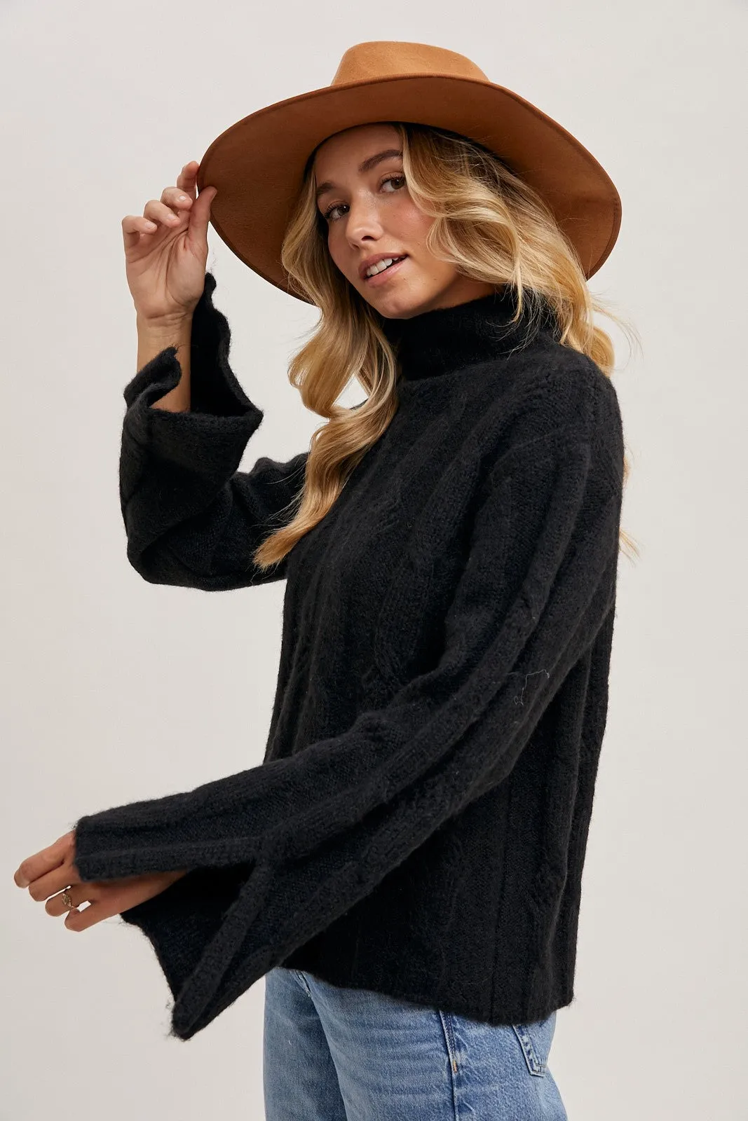 MOCK NECK SIDE SLIT SLEEVED CABLE KNIT SWEATER