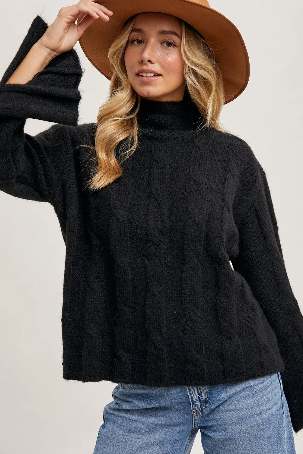 MOCK NECK SIDE SLIT SLEEVED CABLE KNIT SWEATER