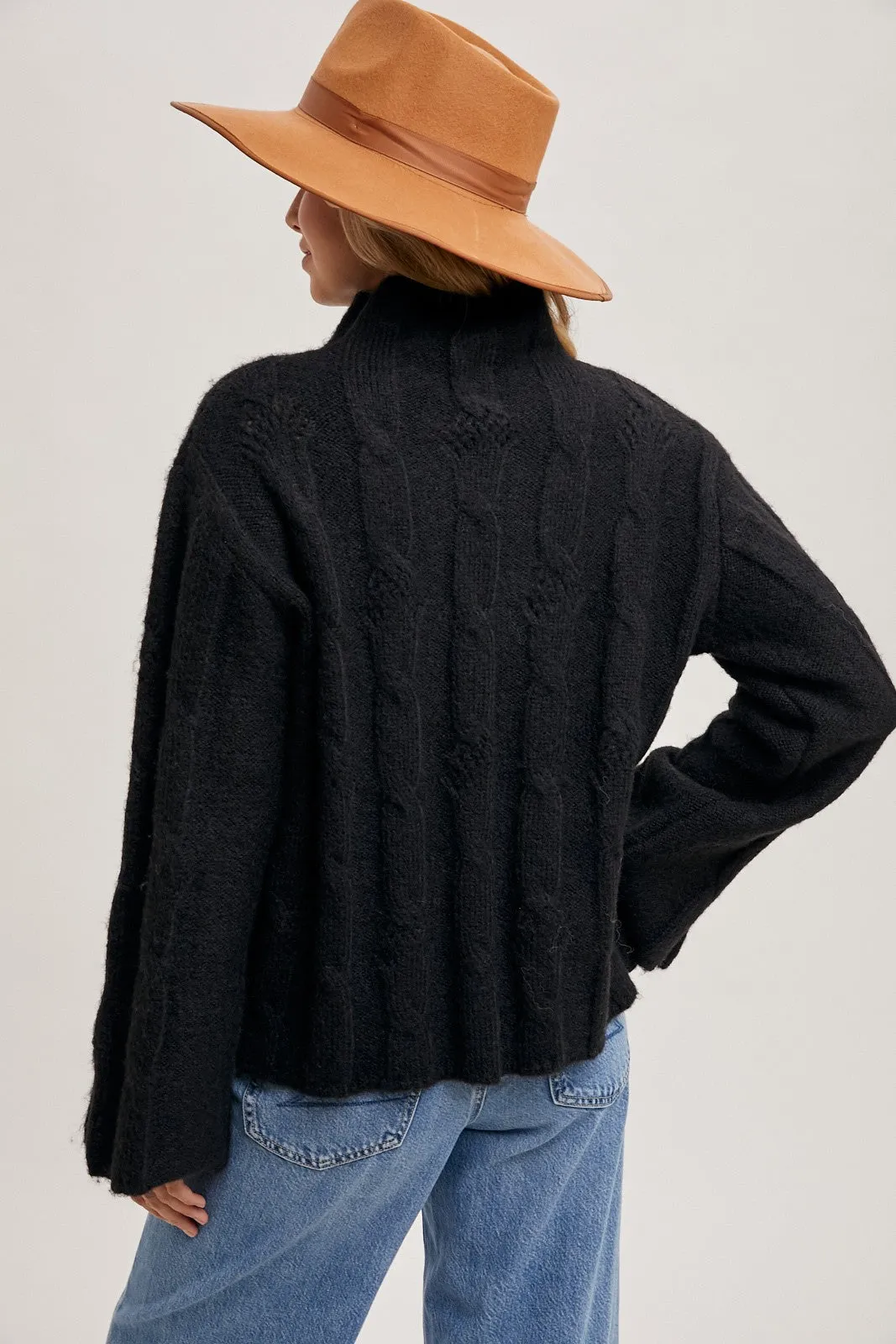 MOCK NECK SIDE SLIT SLEEVED CABLE KNIT SWEATER