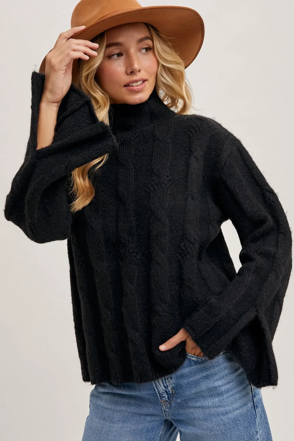 MOCK NECK SIDE SLIT SLEEVED CABLE KNIT SWEATER