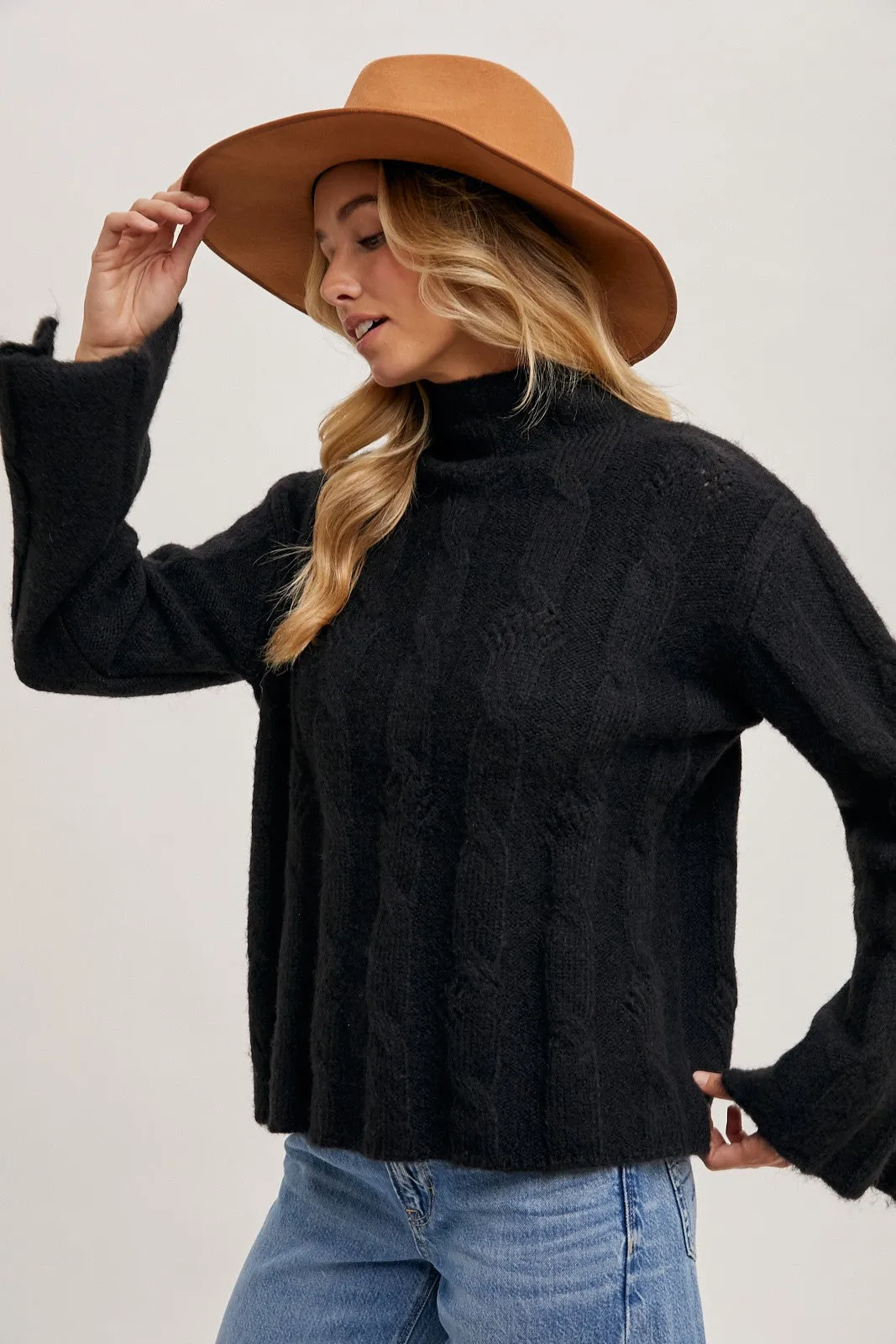 MOCK NECK SIDE SLIT SLEEVED CABLE KNIT SWEATER