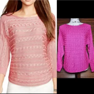 New Lauren Ralph Lauren Pink Horizontal Stripe Cable Knit Sweater Womens Small