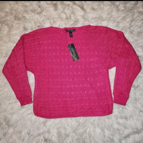 New Lauren Ralph Lauren Pink Horizontal Stripe Cable Knit Sweater Womens Small