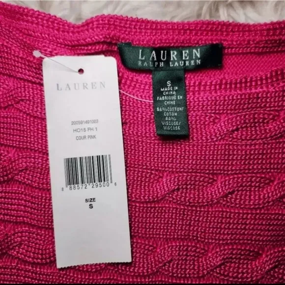 New Lauren Ralph Lauren Pink Horizontal Stripe Cable Knit Sweater Womens Small
