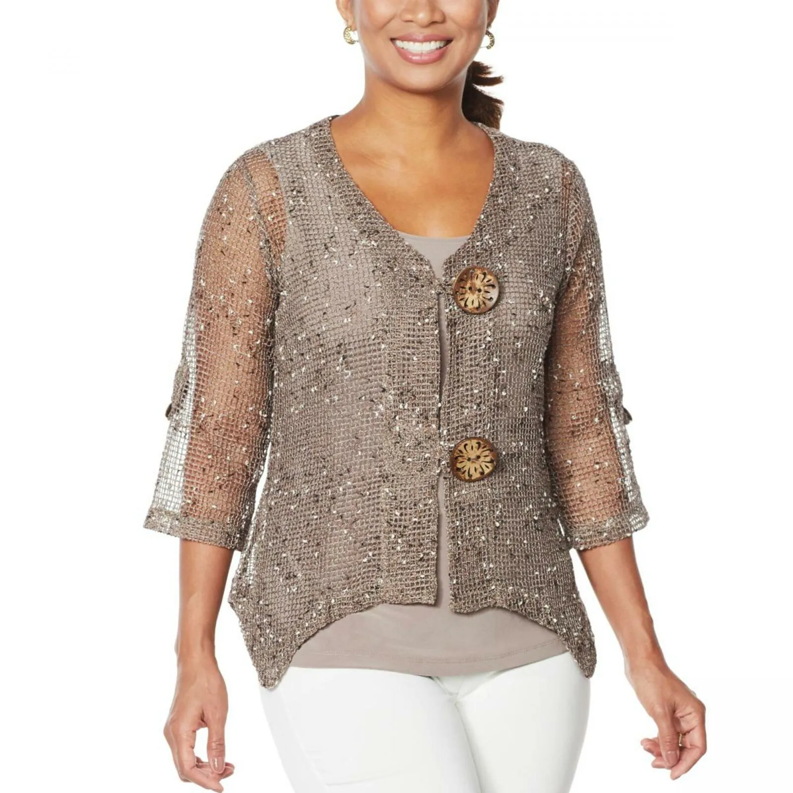 Nina Leonard Women's Coconut Button Knit Bolero Cardigan