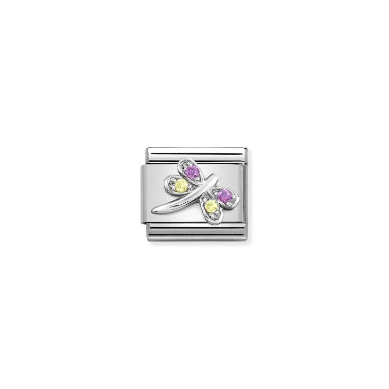 Nomination Composable Link Dragonfly, Pink And Yellow Cubic Zirconia, Silver