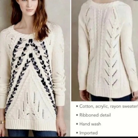 NWOT-$158 Anthropologie Knitted &amp; Knotted Ivory Ribbon Cable Knit Sweater Size:L