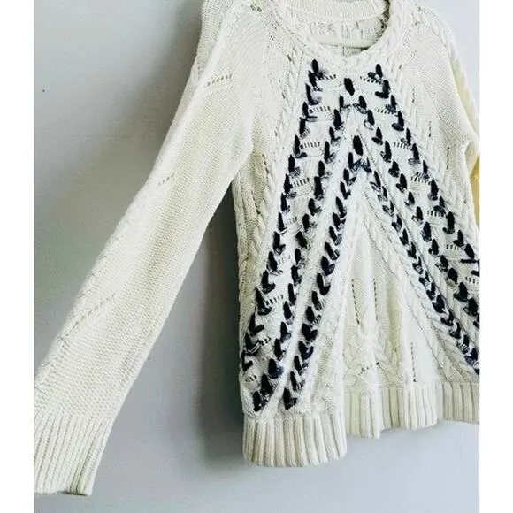 NWOT-$158 Anthropologie Knitted &amp; Knotted Ivory Ribbon Cable Knit Sweater Size:L