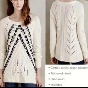 NWOT-$158 Anthropologie Knitted &amp; Knotted Ivory Ribbon Cable Knit Sweater Size:L