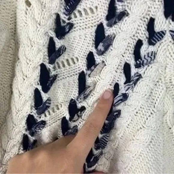 NWOT-$158 Anthropologie Knitted &amp; Knotted Ivory Ribbon Cable Knit Sweater Size:L