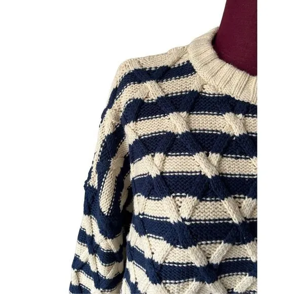 NWT Madewell Cable Knit Oversized Sweater in Stripe size Small Cream Navy Crewne