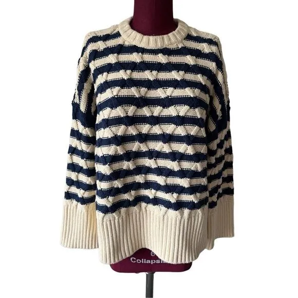 NWT Madewell Cable Knit Oversized Sweater in Stripe size Small Cream Navy Crewne