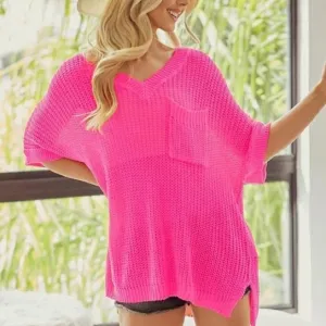 NWT Pink Gauge Cable Knit V Neck Bohemian Chic Pocketed Sweater Size Medium