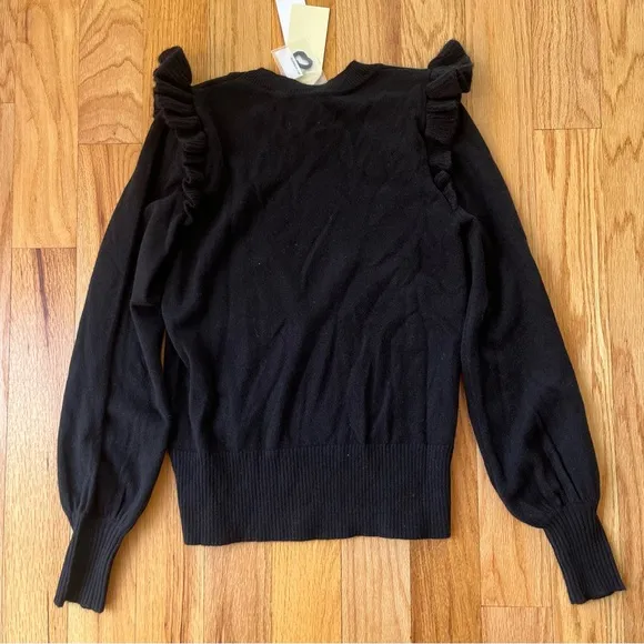 NWT QI Cashmere 100% cashmere ruffle sleeve black minimalist sweater XS