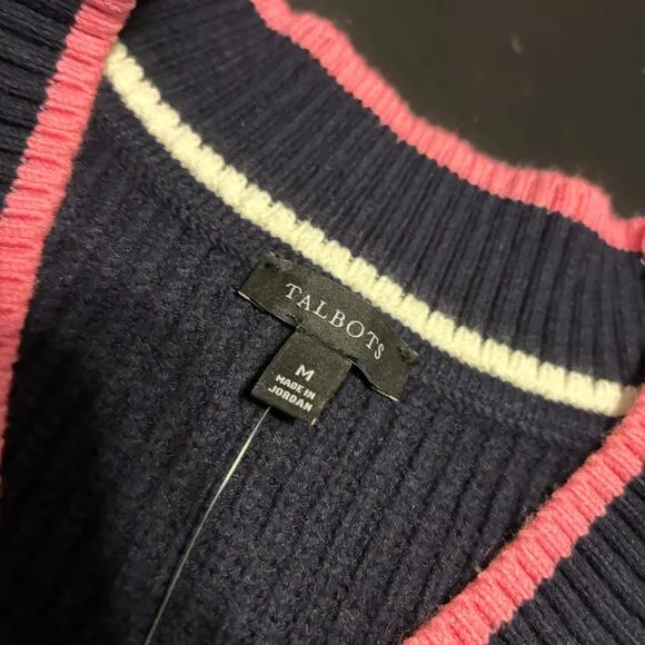 NWT Talbots Drop Shoulder Cable Knit Sweater Vest Blue Pink SZ M Preppy Tennis