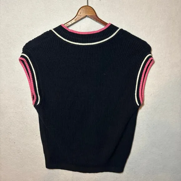 NWT Talbots Drop Shoulder Cable Knit Sweater Vest Blue Pink SZ M Preppy Tennis