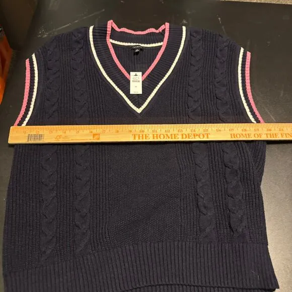 NWT Talbots Drop Shoulder Cable Knit Sweater Vest Blue Pink SZ M Preppy Tennis