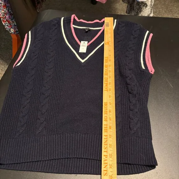 NWT Talbots Drop Shoulder Cable Knit Sweater Vest Blue Pink SZ M Preppy Tennis