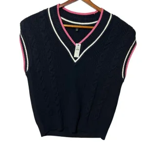 NWT Talbots Drop Shoulder Cable Knit Sweater Vest Blue Pink SZ M Preppy Tennis