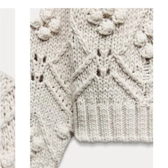 NWT Zara Pointelle Cable Knit Pom Chunky Crewneck Sweater in Sand - S