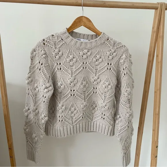 NWT Zara Pointelle Cable Knit Pom Chunky Crewneck Sweater in Sand - S