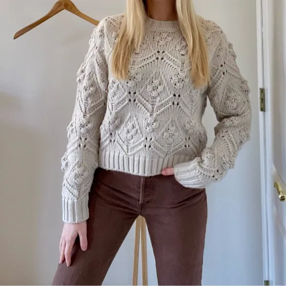 NWT Zara Pointelle Cable Knit Pom Chunky Crewneck Sweater in Sand - S