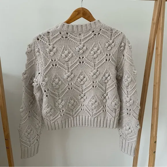 NWT Zara Pointelle Cable Knit Pom Chunky Crewneck Sweater in Sand - S