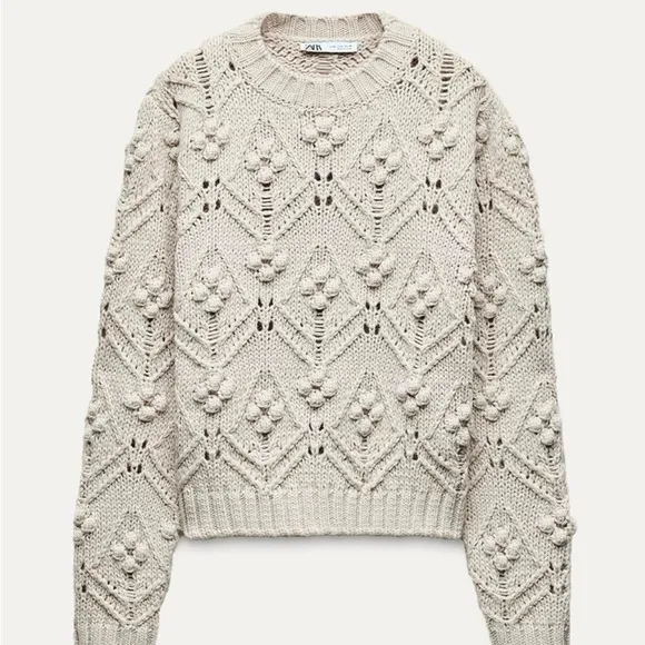NWT Zara Pointelle Cable Knit Pom Chunky Crewneck Sweater in Sand - S