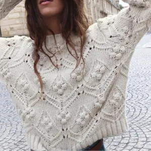 NWT Zara Pointelle Cable Knit Pom Chunky Crewneck Sweater in Sand - S