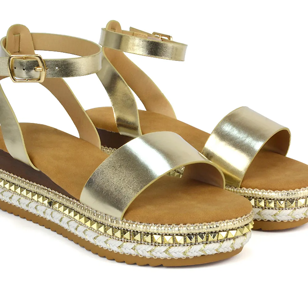 Olivia Flatform Ankle Strap Wedge Heel Summer Sandals in Gold