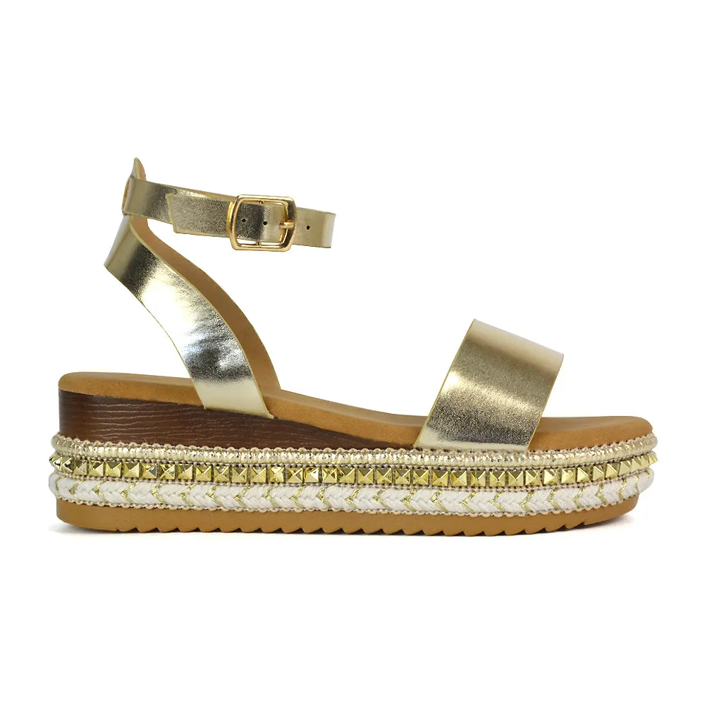 Olivia Flatform Ankle Strap Wedge Heel Summer Sandals in Gold