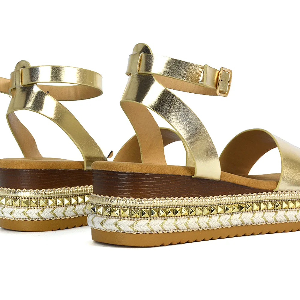 Olivia Flatform Ankle Strap Wedge Heel Summer Sandals in Gold
