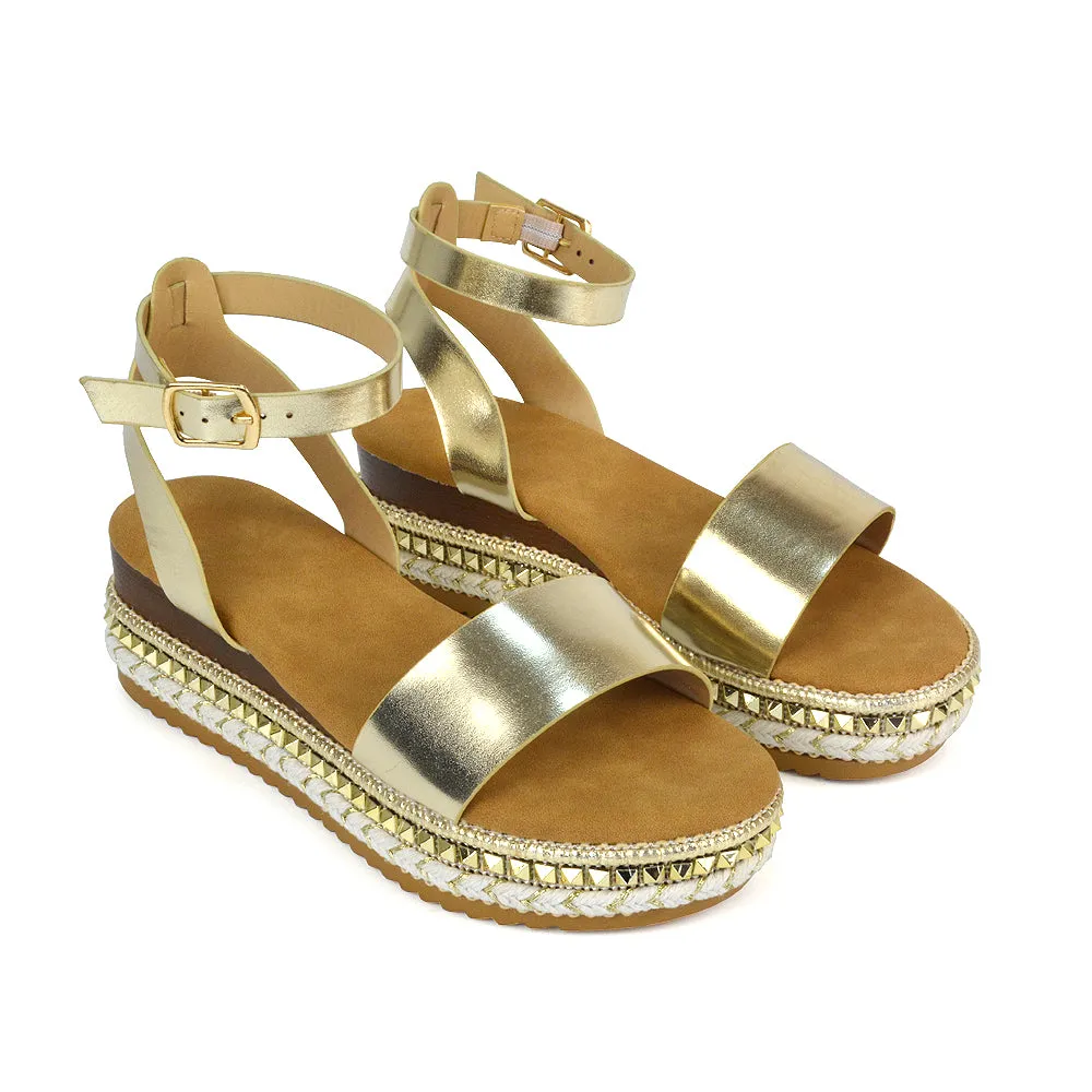 Olivia Flatform Ankle Strap Wedge Heel Summer Sandals in Gold