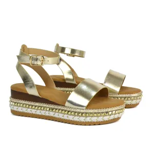 Olivia Flatform Ankle Strap Wedge Heel Summer Sandals in Gold