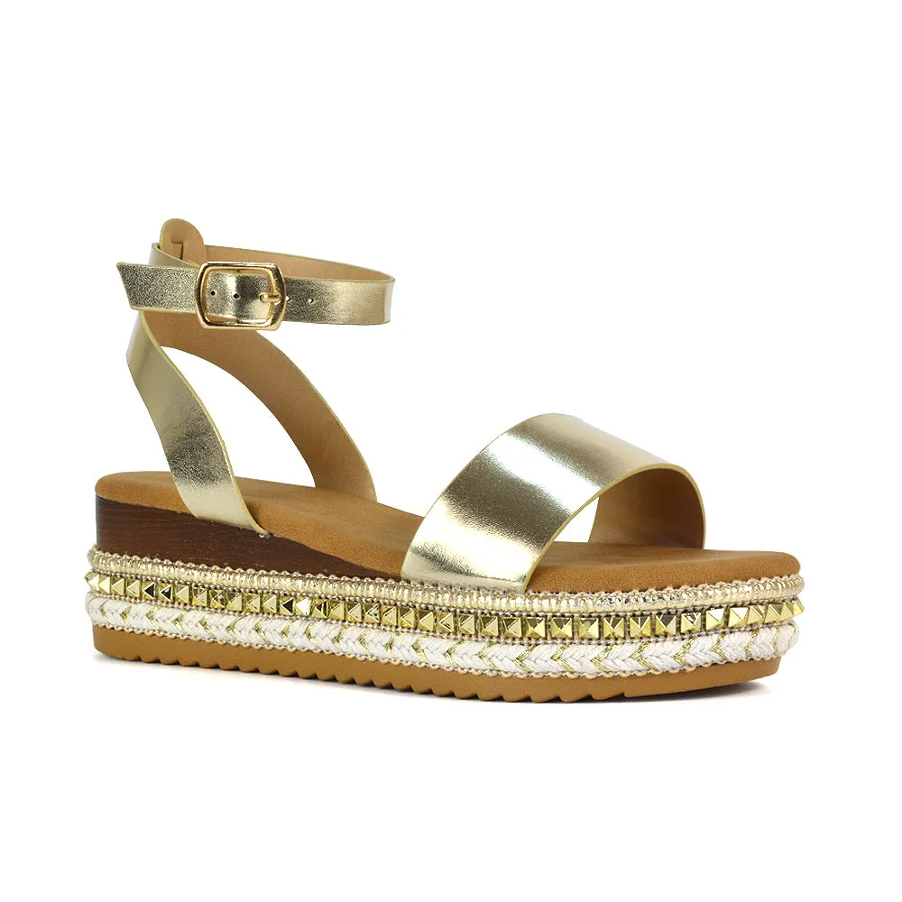 Olivia Flatform Ankle Strap Wedge Heel Summer Sandals in Gold