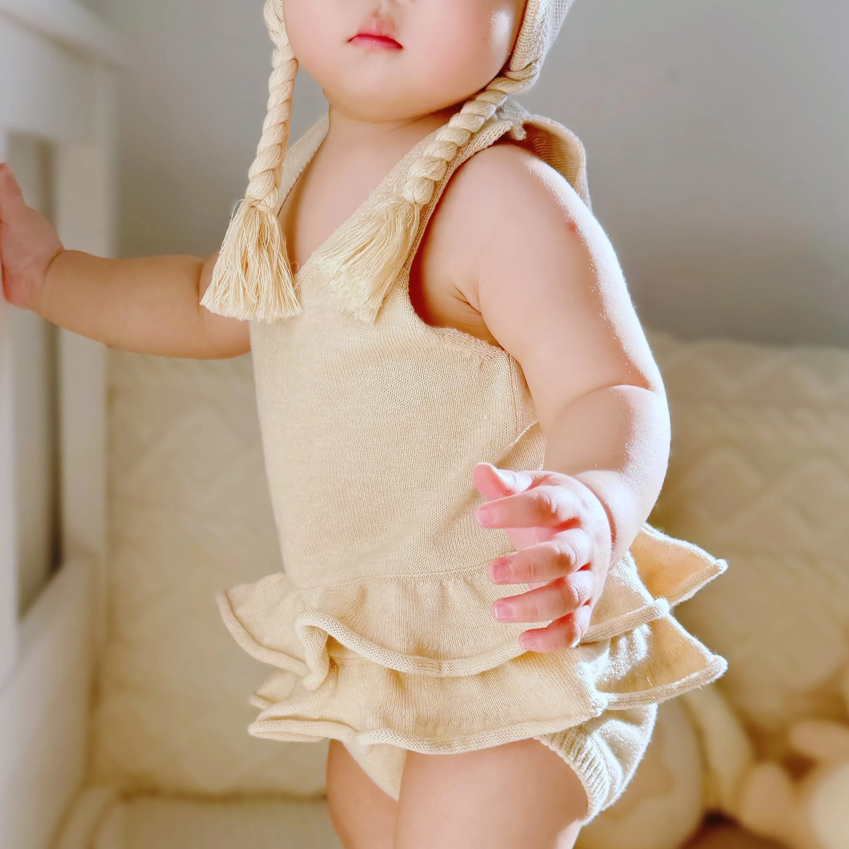 Organic Knitted Sweater: Baby Girl Cable Knit Ruffler Onesie