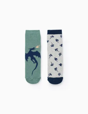 Pack of 2 Non-Slip Socks for Boys 'Dragons', Grey/Green