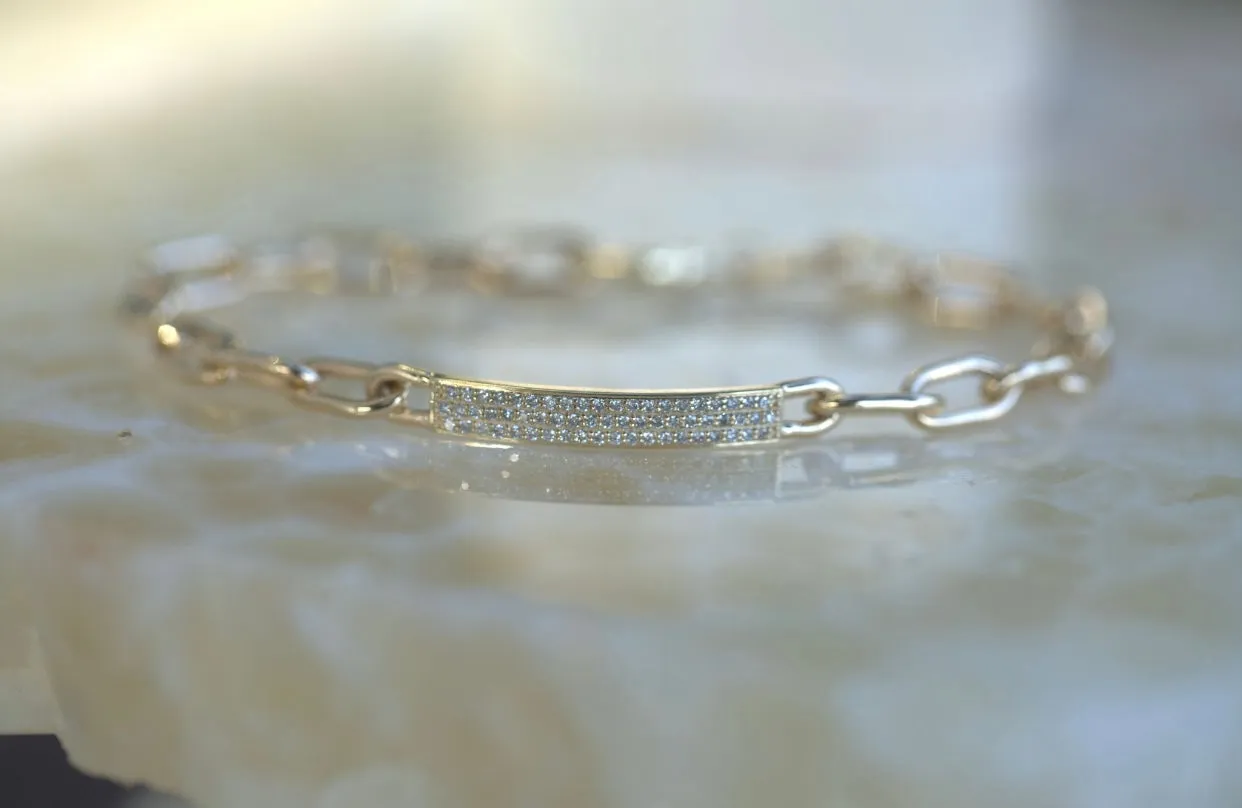 Pave Diamond ID Bar & Paperclip Chain Bracelet